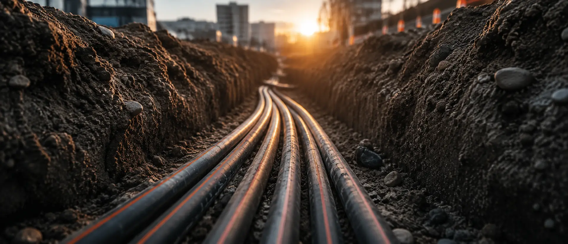 Kabels en leidingen die lopen onder de grond bij zonsondergang