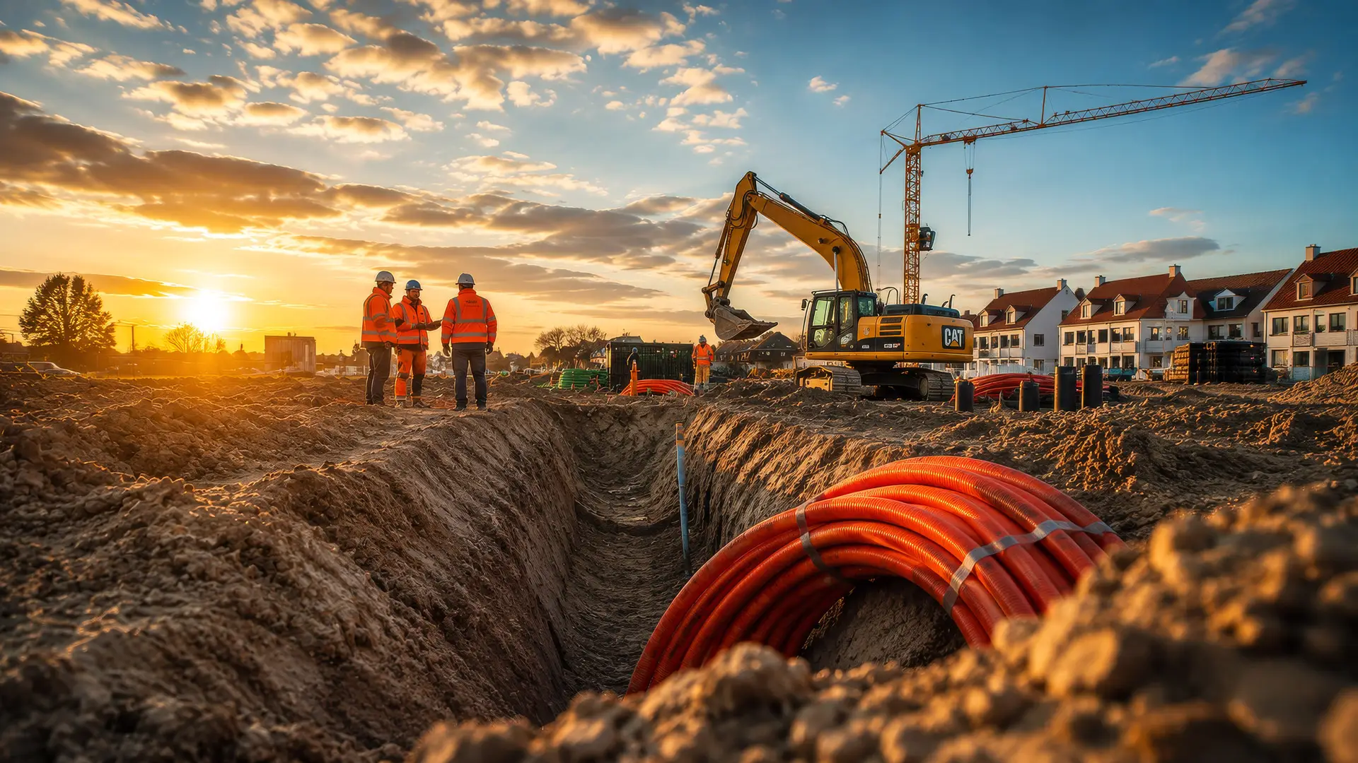 Kabels en leidingen op de bouwplaats bij zonsopkomst