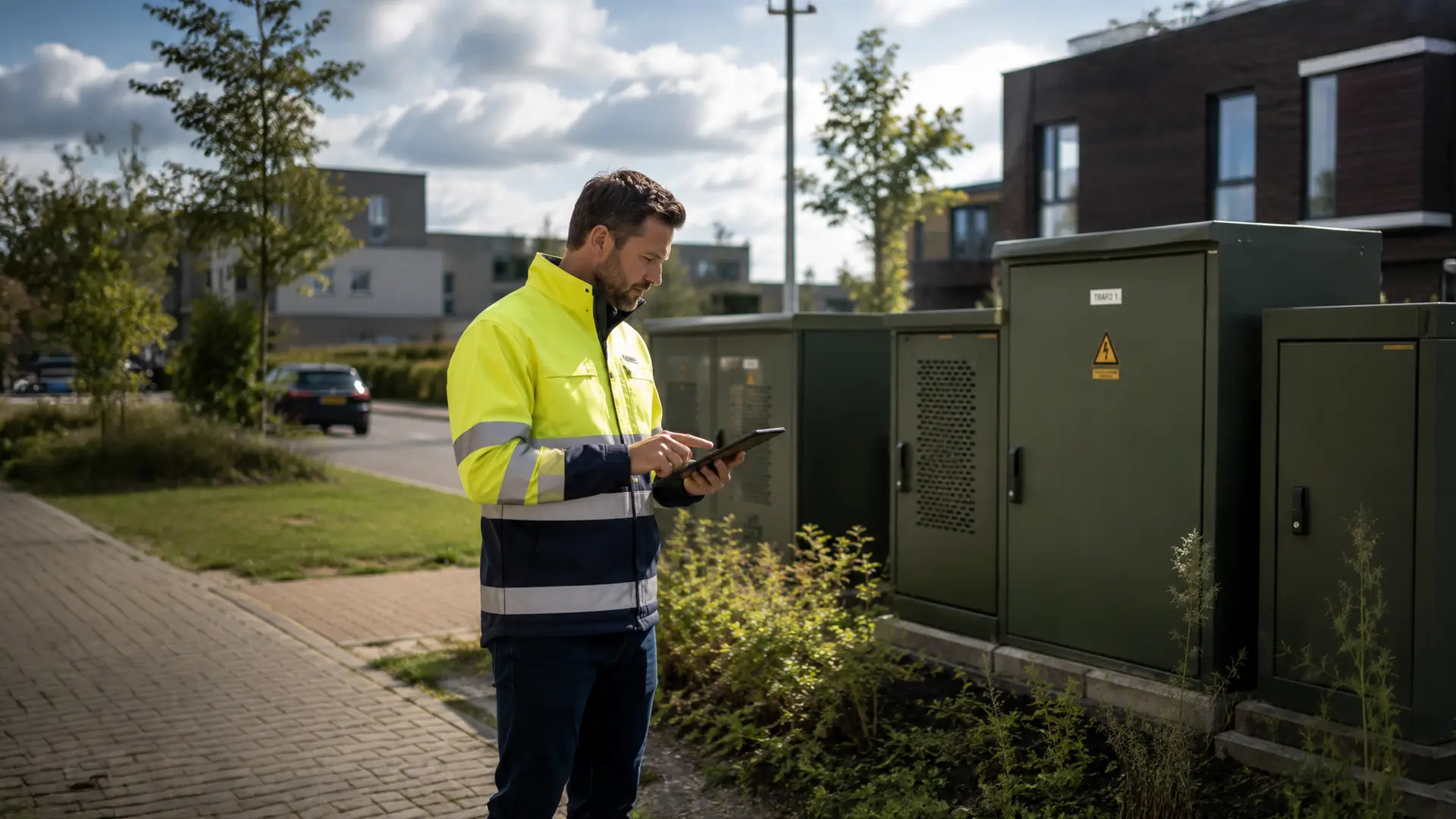Kabels en leidingen professional met ipad bij transformatorhuisjes