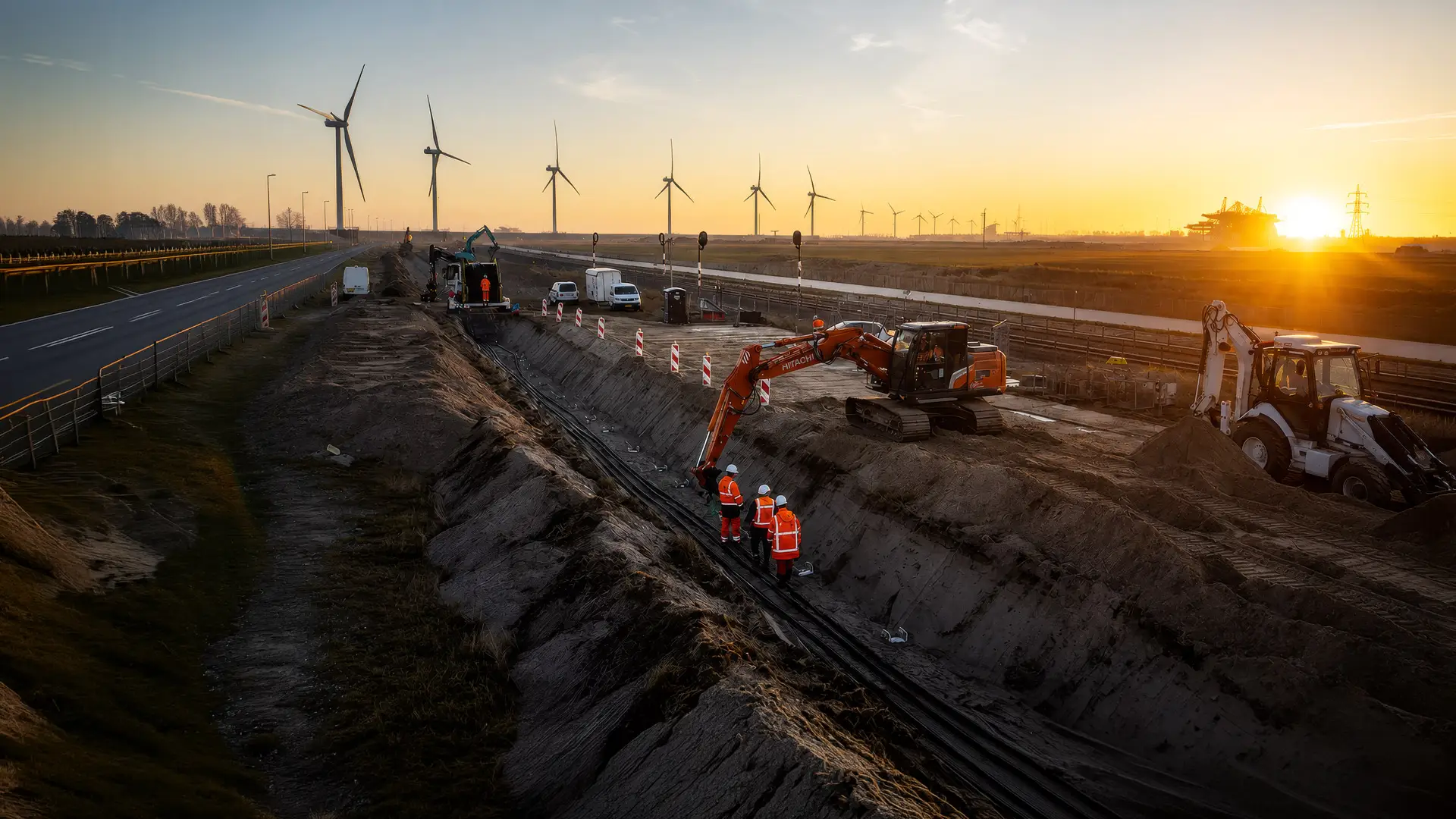 Werkzaamheden omtrent kabels en leidingen met windmolens op achtergrond