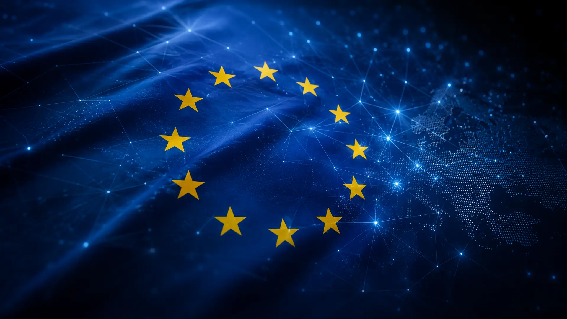 Europese vlag met daarin bolletjes om het stroomnet te illustreren