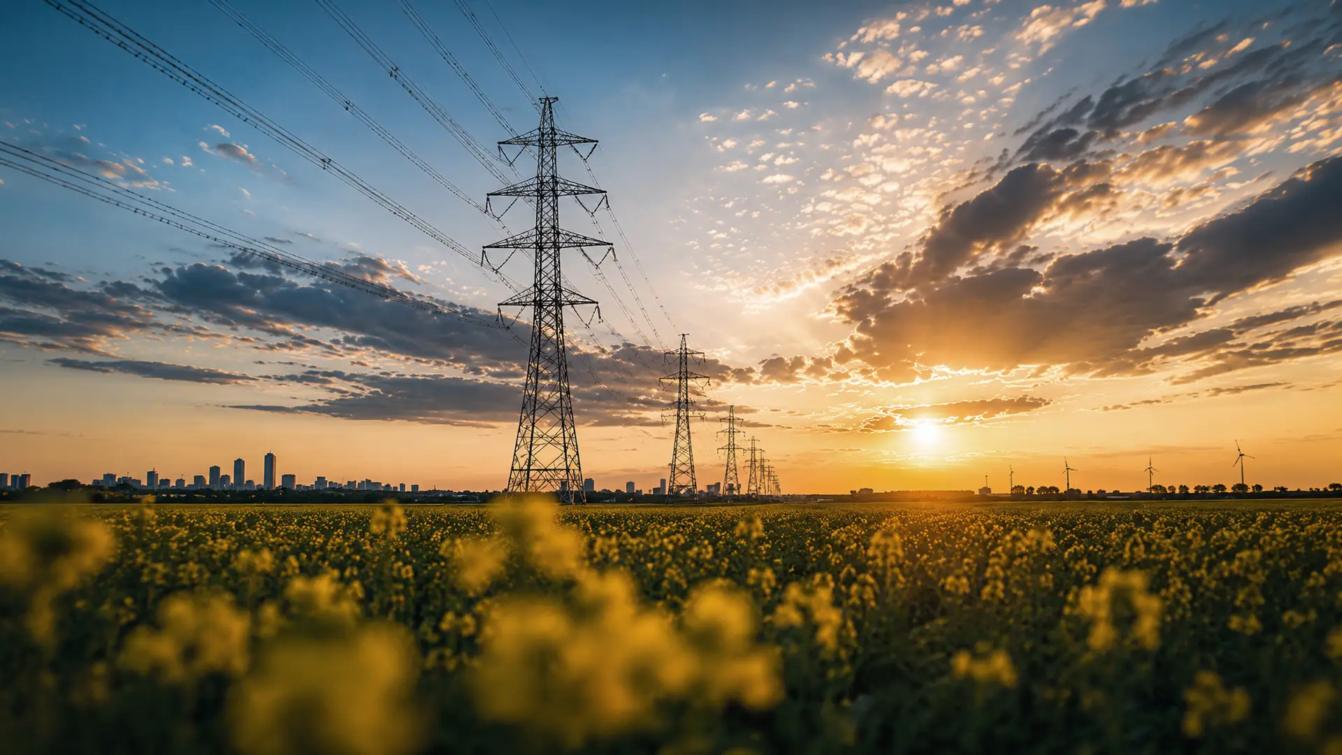 Kabels en leidingen bij elektriciteitsmasten in een open veld