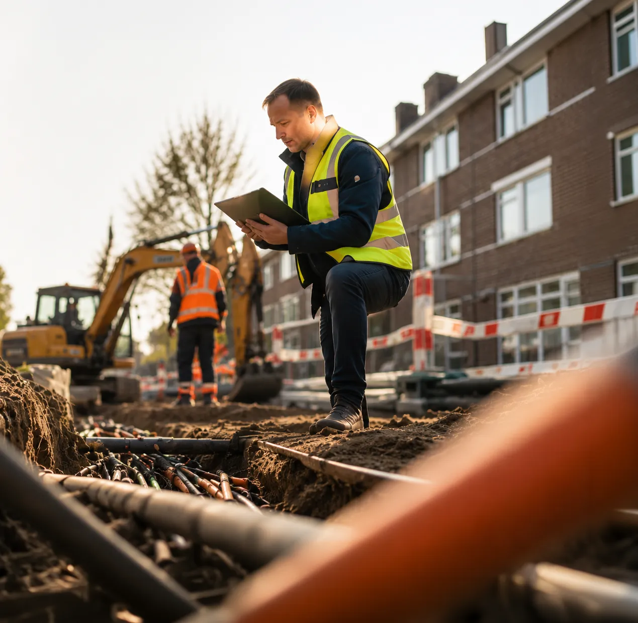 Inspectie van kabels en leidingen in een straat van een stad