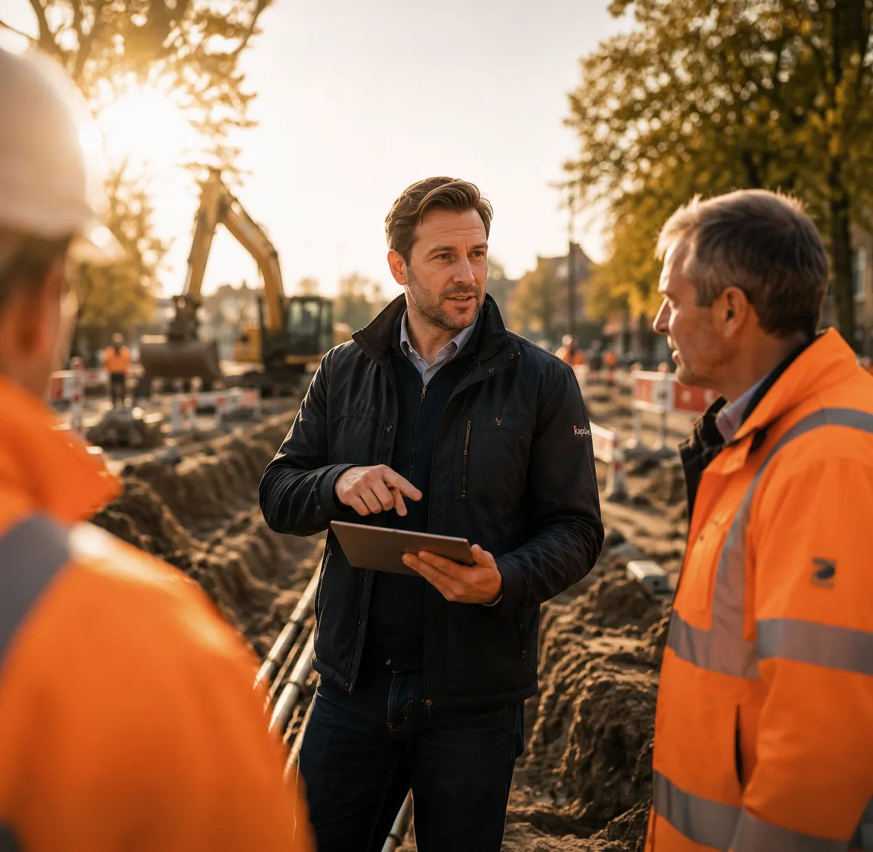 Gesprek tussen kabels en leidingen professionals op de bouwplaats