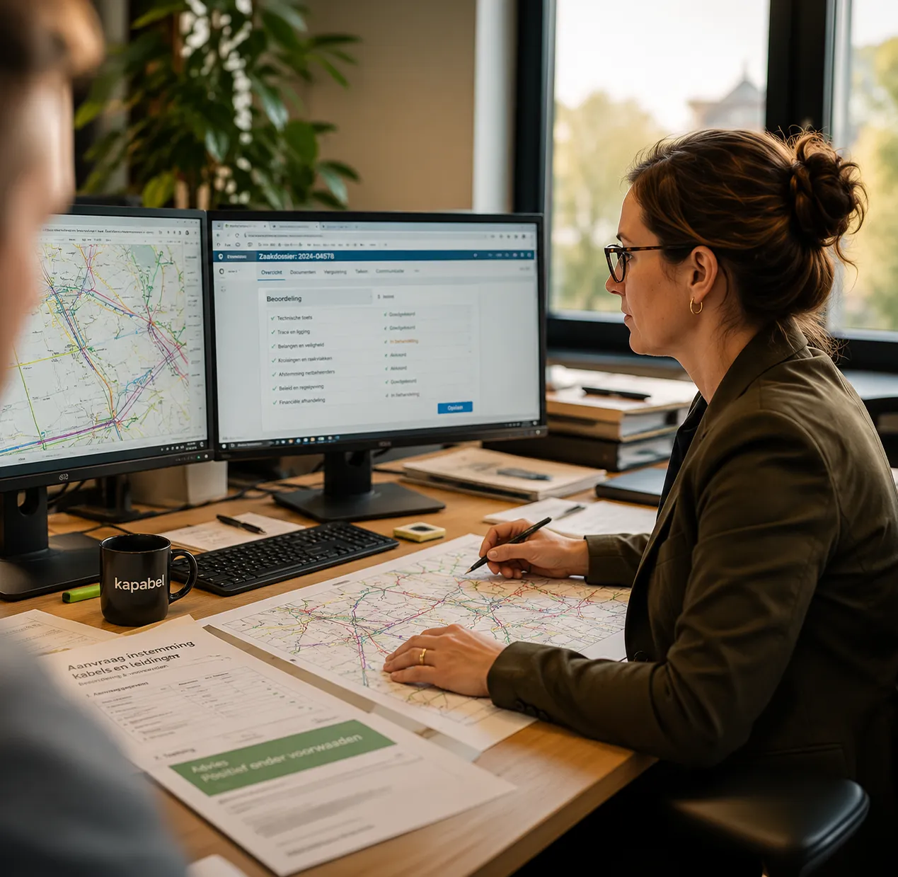 Vrouwelijke kantoormedewerker bekijkt plannen over kabels en leidingen