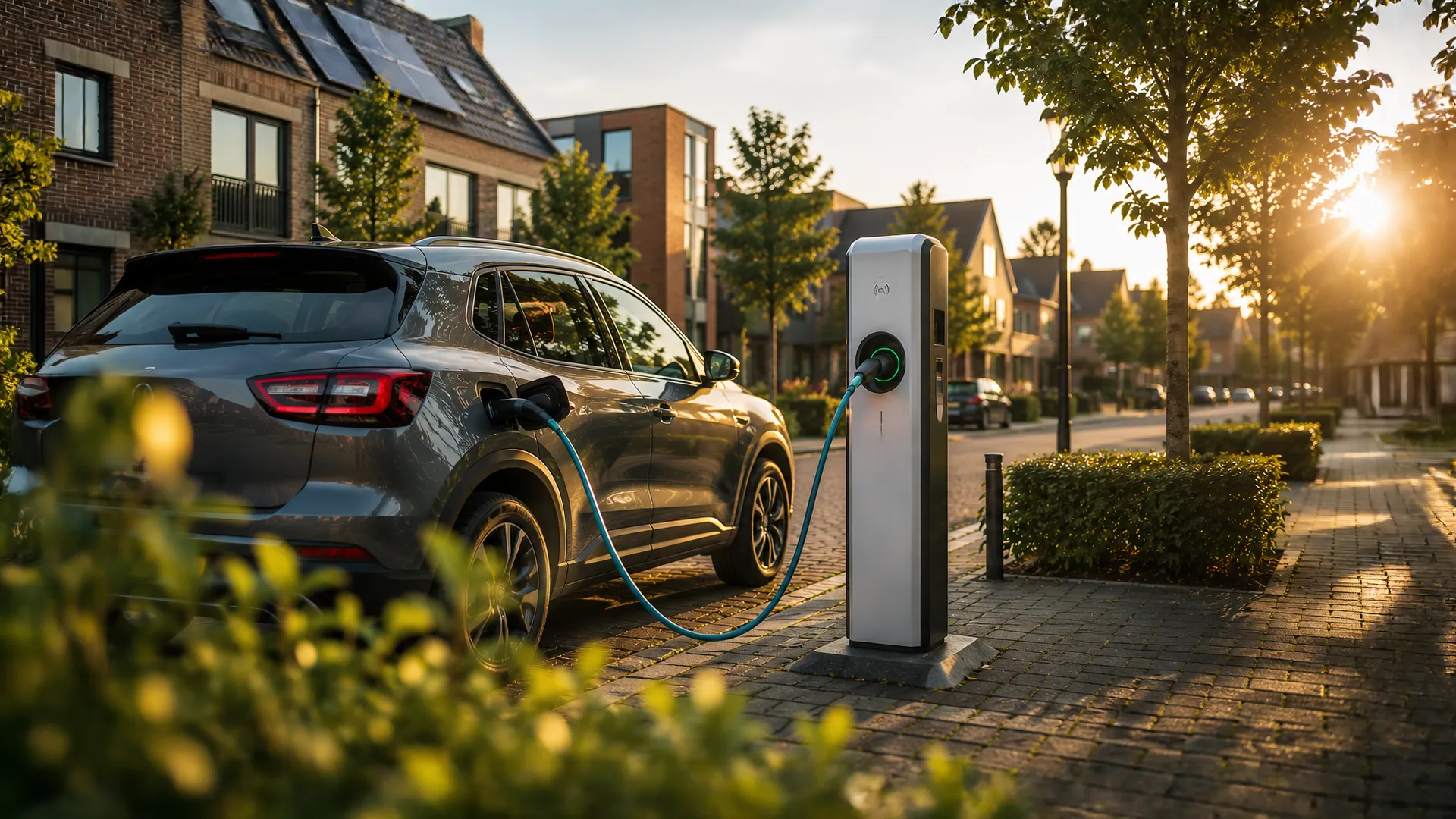 Elektrische auto wordt opgeladen door laadpaal, aangedreven door het stroomnet