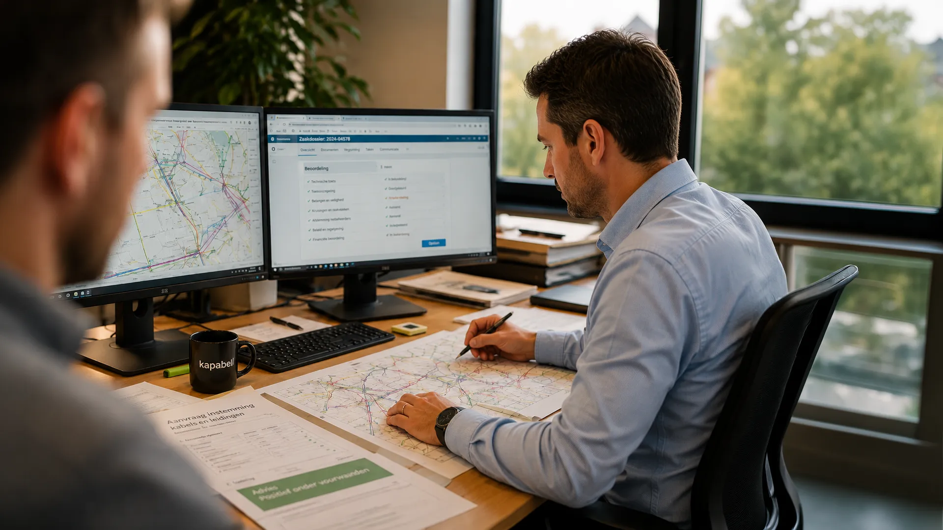 Mannelijke kantoormedewerker bekijkt plannen over kabels en leidingen
