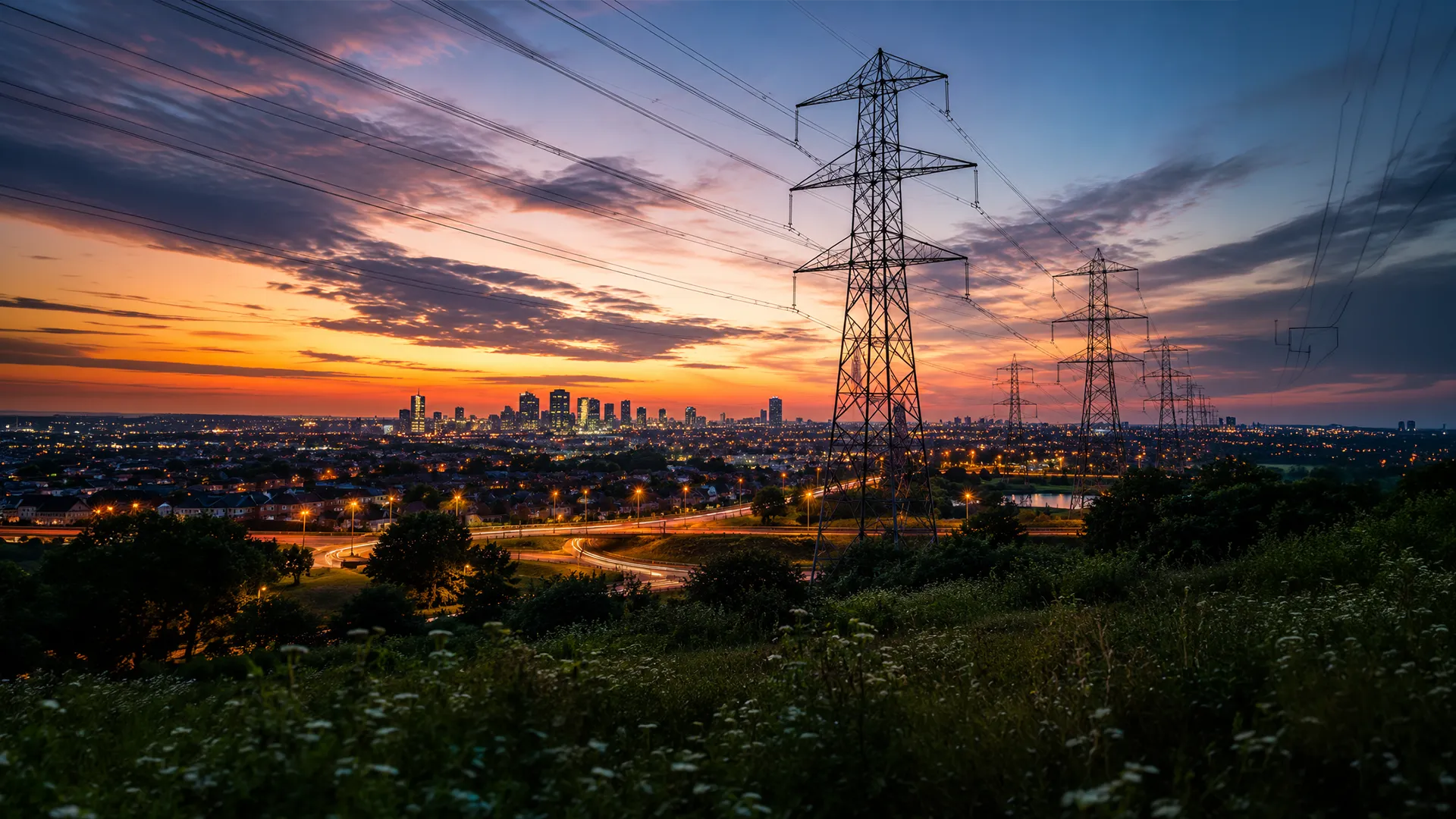 Electriciteitsmasten bij de avondschemering